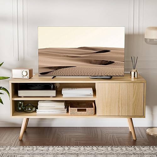 Miniatura 8 de Cozy Castle Soporte de TV para TV de 48 pulgadas, centro de entretenimiento moderno de mediados de siglo con gabinete de almacenamiento, consola