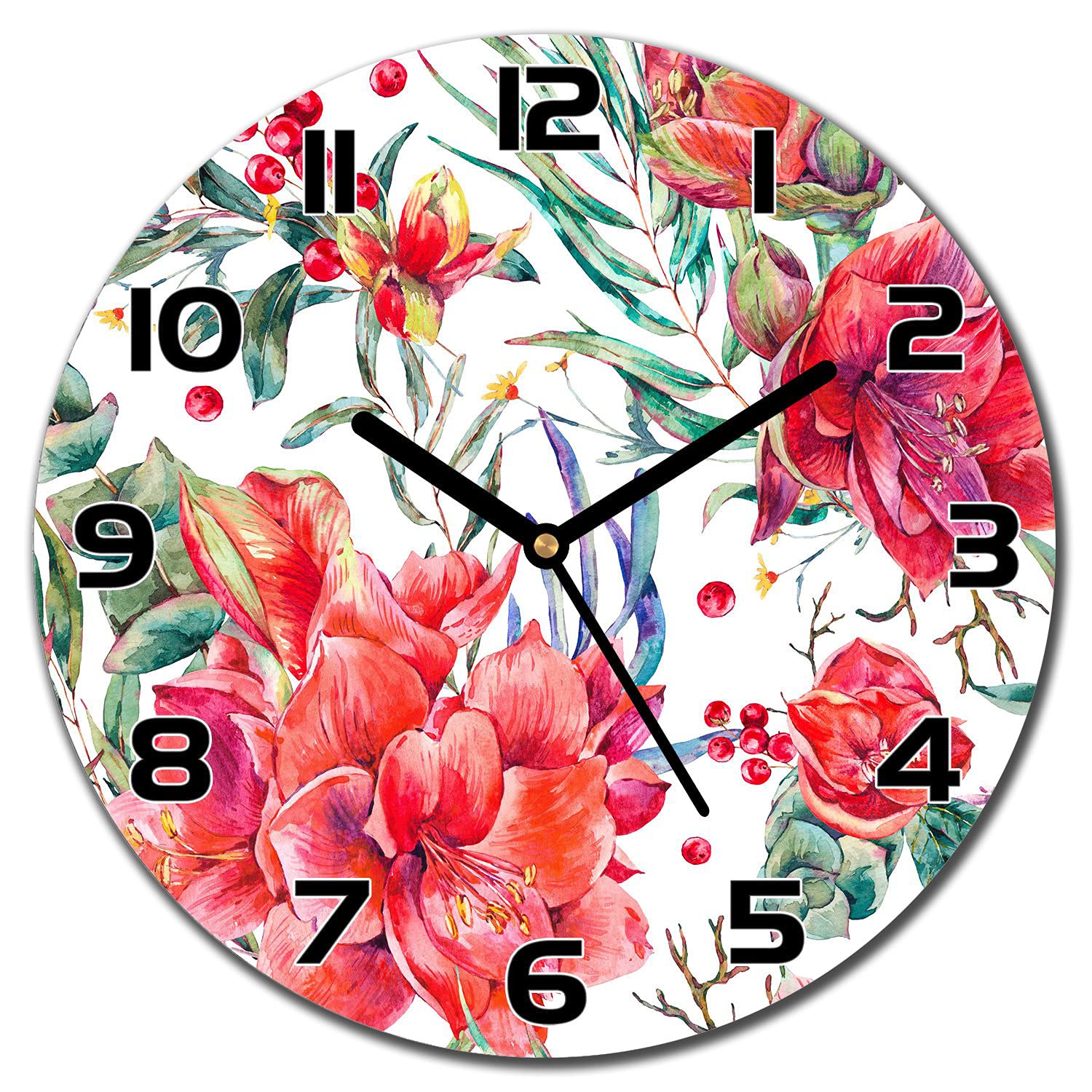 Horloge murale cuisine et salon moderne Coloray en verre imprimé fleurs