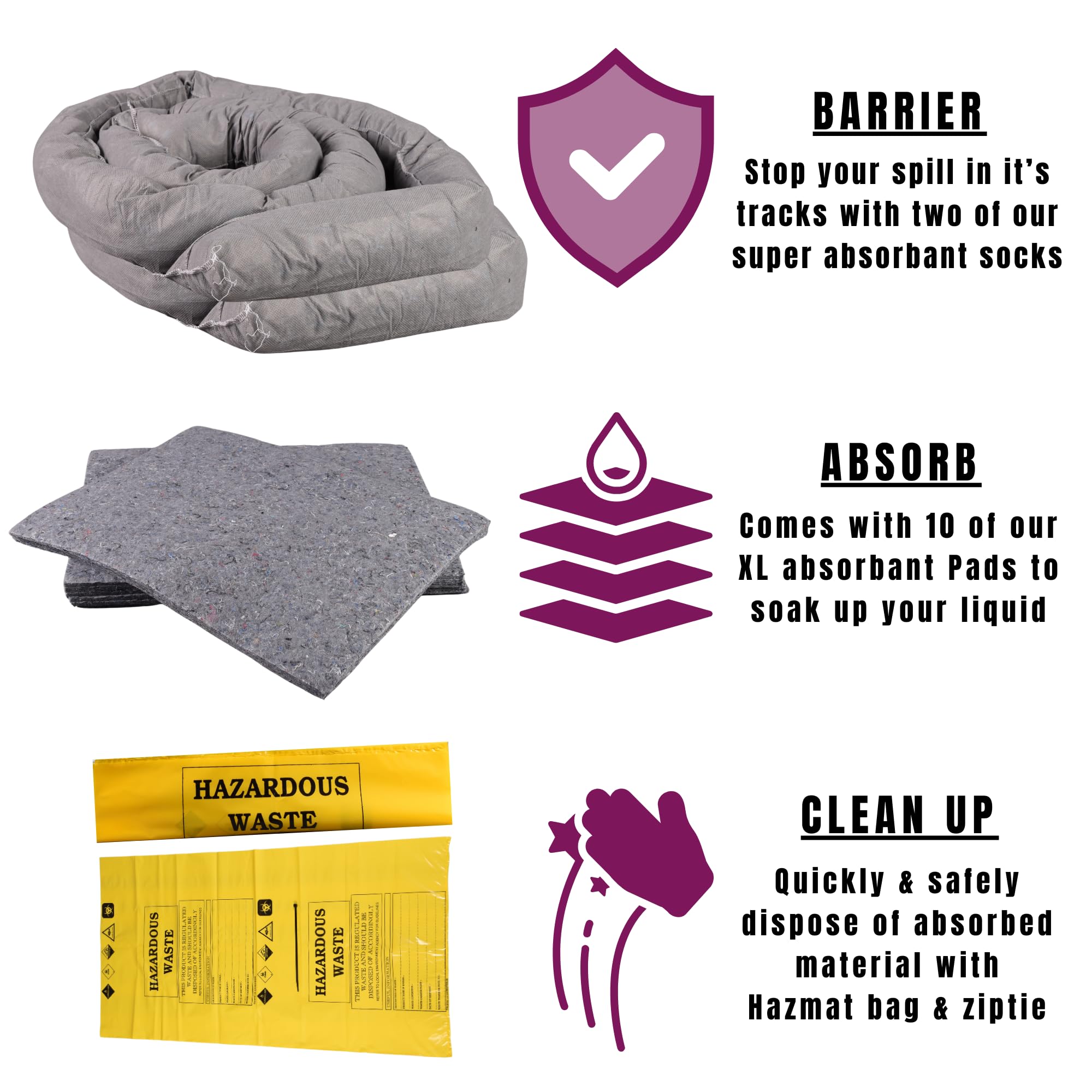Labsales Kit de déversement écologique à usage général, tampons absorbants, chaussettes et sac d'élimination, pour huiles, carburant, peinture, graisse, eau et produits chimiques faibles, lot de 1 kit