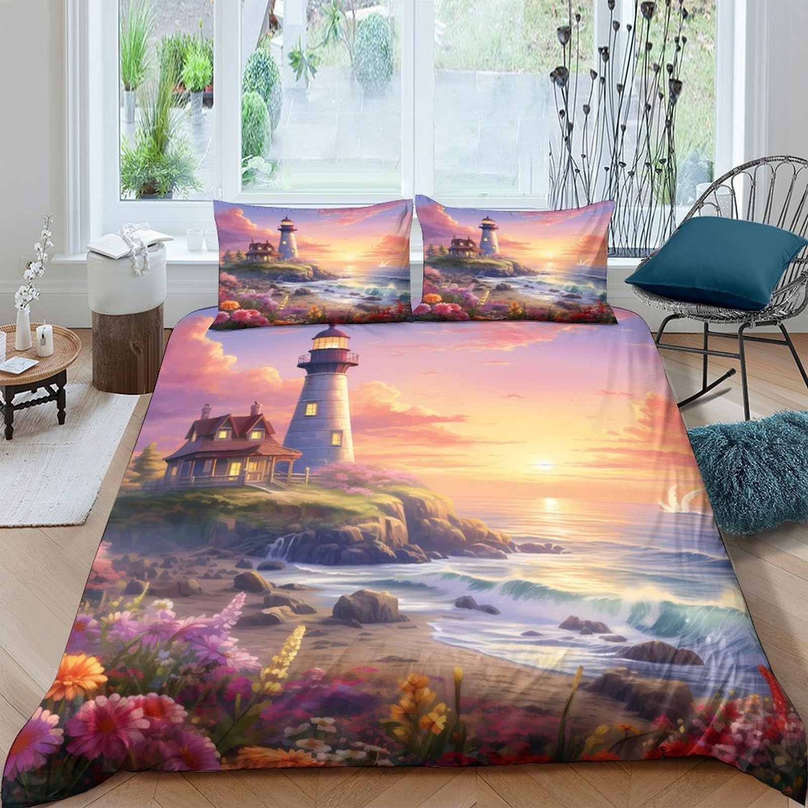 GPLZQXKJNH 3D Printed Sunset Lighthouse Duvet Cover Microfiber Soft Breathable Seaside Scenery Bedding Set with 2 Pillowcases for Bedroom Décor Single（135x200cm）