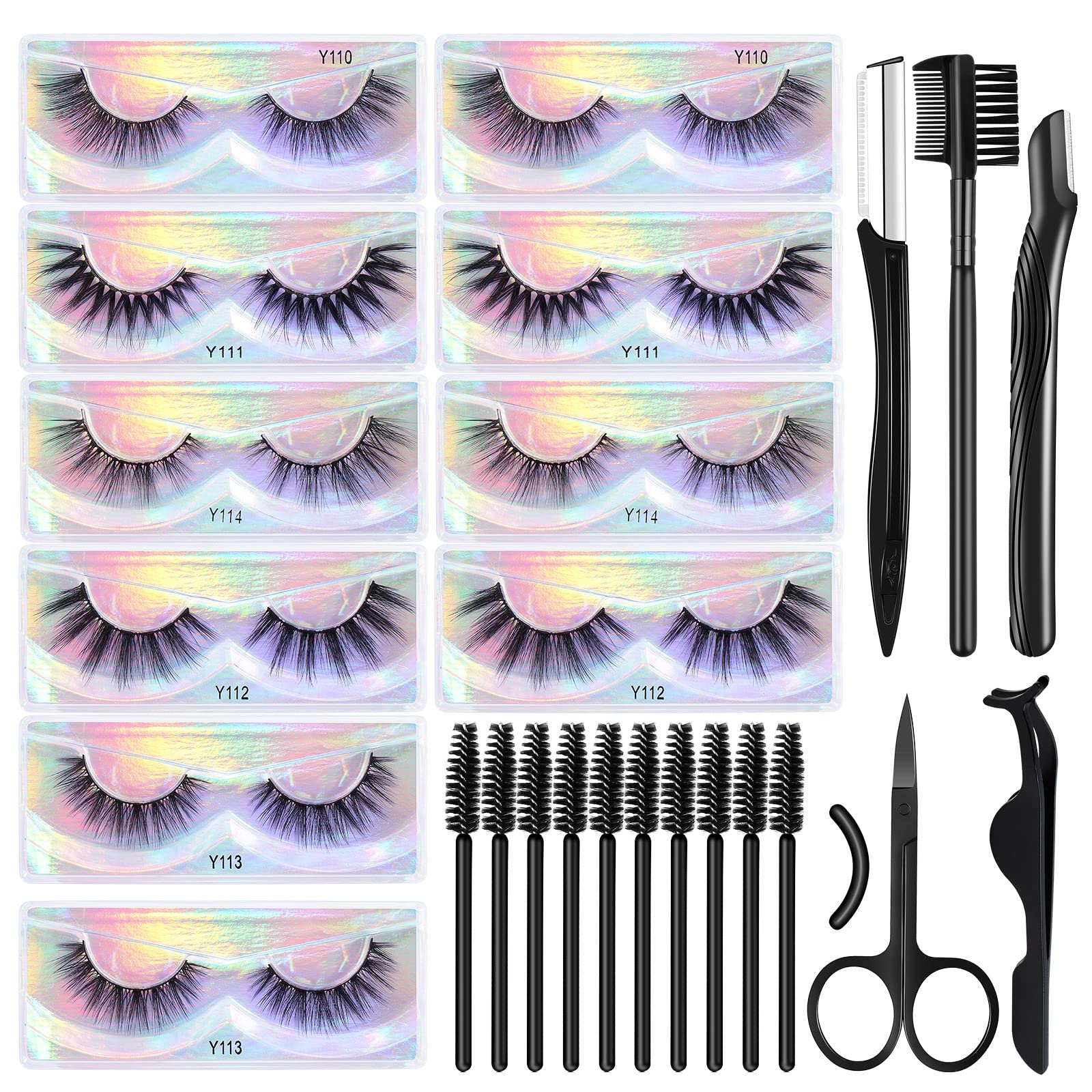 MAGEFY10 Pairs 5 Styles Eyelashes, Faux Mink Lashes Natural Look to Dramatic Volume False Eyelashes, 3D Fake Lashes Pack with Eyebrow Grooming Kit
