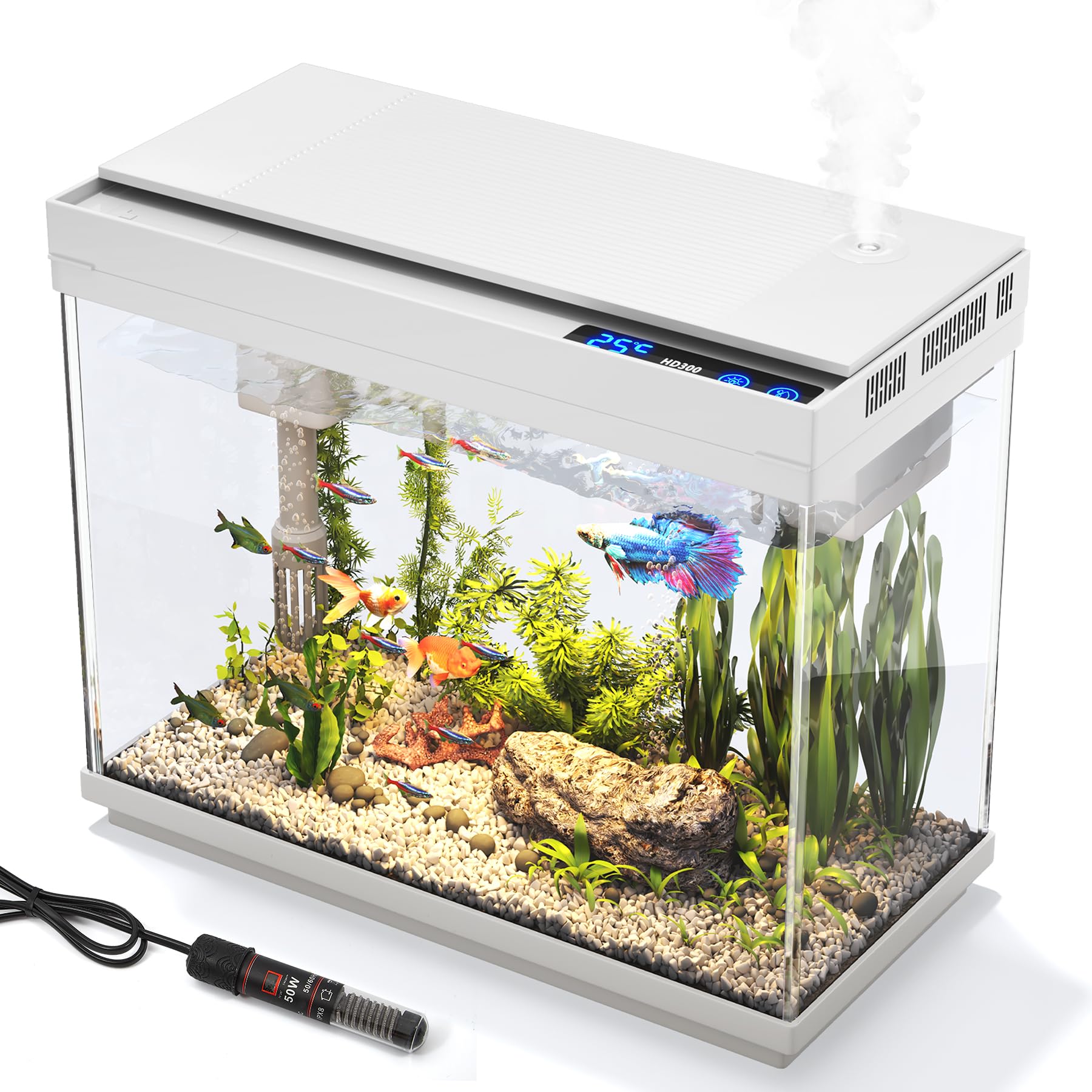 Vehipa 9L Aquarium Komplettset, Mini Nano Aquarium Büro-Desktop-Dekoration | mit Filter, Heizer, 7-farbige Beleuchtung, intelligentem Luftbefeuchter