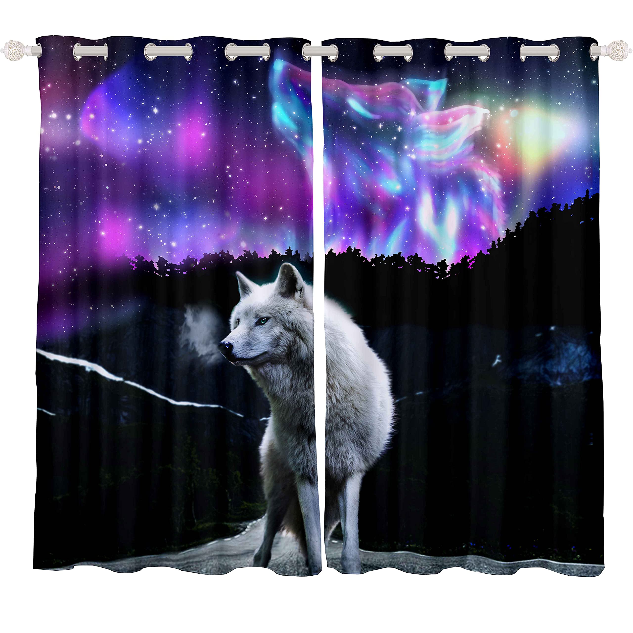Loussiesd Wolf Thermal Curtain 3D Galaxy Wolf Curtain for Bedroom for Kids Boys Girls Cool Wildlife Room Darkening Curtain Purple Starry Sky Night Drapes,W46*L72 - Image 2