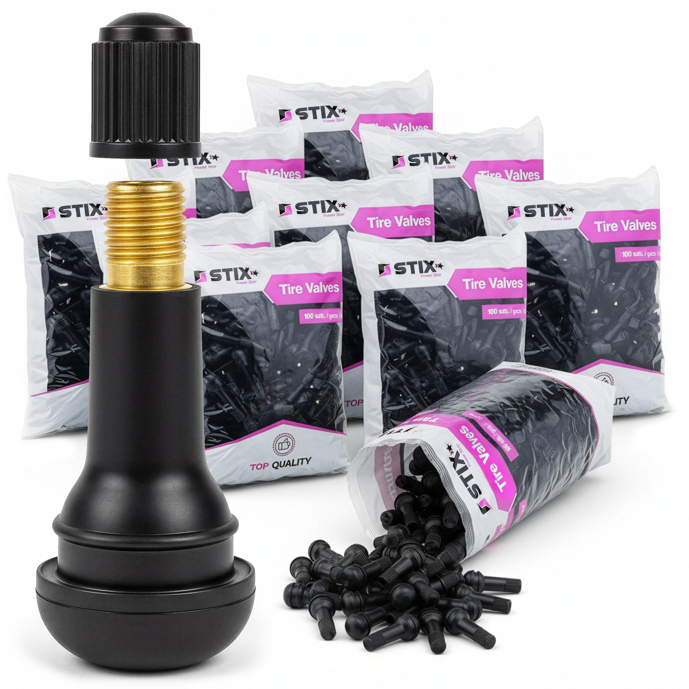 STIX TR413 Reifenventile - 1000x Tubeless Ventile, 11,3 mm Felgenloch, 45 mm Höhe, Mit Ventileinsatz & Schutzkappen, Für Alu- & Stahlfelgen, Werkstatt Set