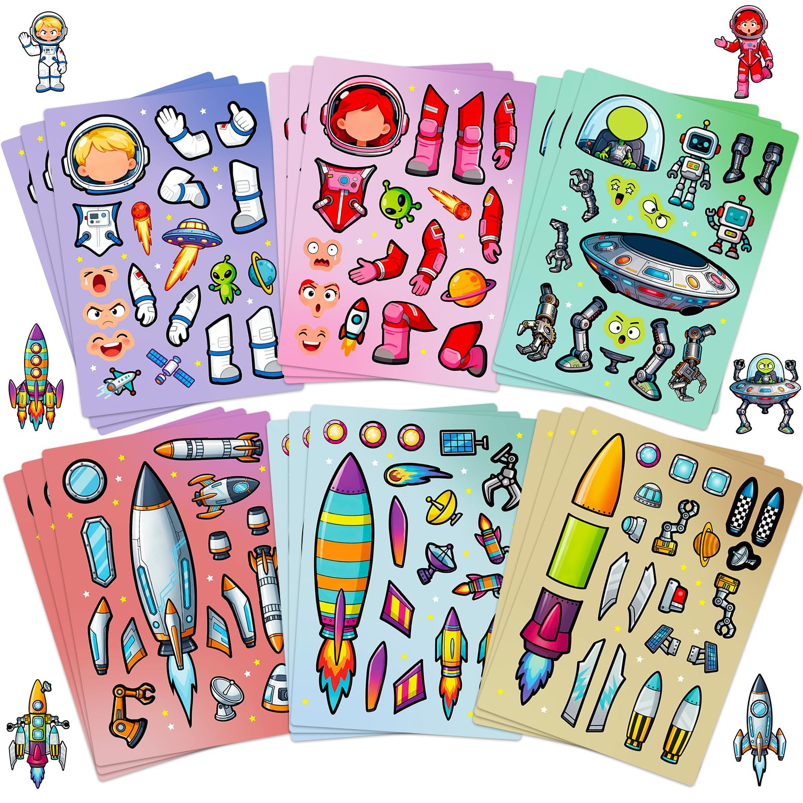 24 Sheets Make Your Own Stickers, Space Make-a-face Sticker Aliens, Astronauts, Spaceship DIY Craft Stickers for Party Decoration Reward