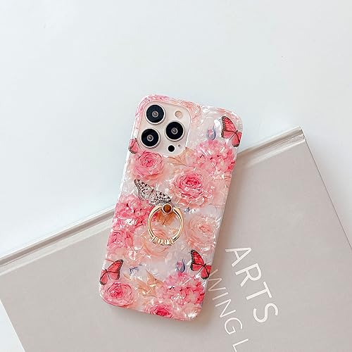 Miniatura 8 de Qokey Funda compatible con iPhone 13 Pro Max de 6.7 pulgadas, diseño de flores, bonito transparente para mujeres y niñas, con anillo giratorio de