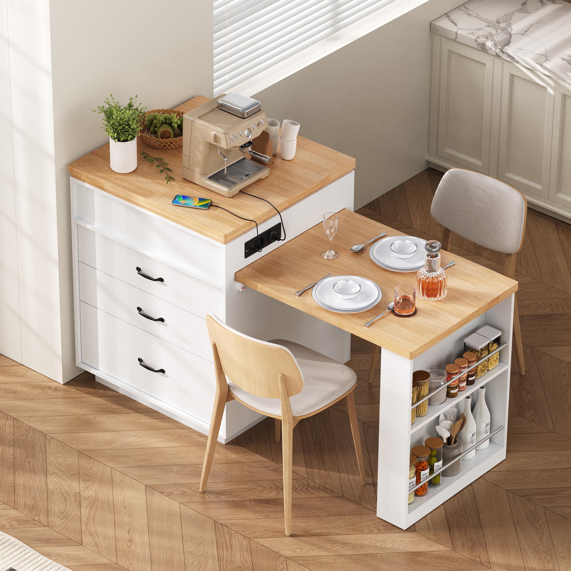 Kebnor Kücheninsel mit Rollen, Ausziehbarer Esstisch mit LED-Beleuchtung, Küchentisch mit Steckdosenleisten, dient als Kücheninsel, Anrichte, Sideboard oder Bartisch für Küche und Esszimmer (Weiß)