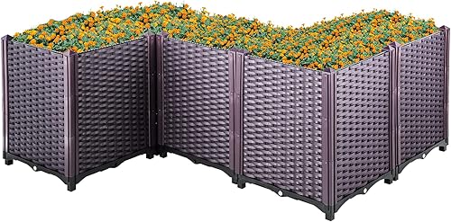 VEVOR Cama de jardín elevada de plástico kit de caja de flores de 205 horas caja de cuidado de cultivo estilo ratán marrón juego de 5 macetas