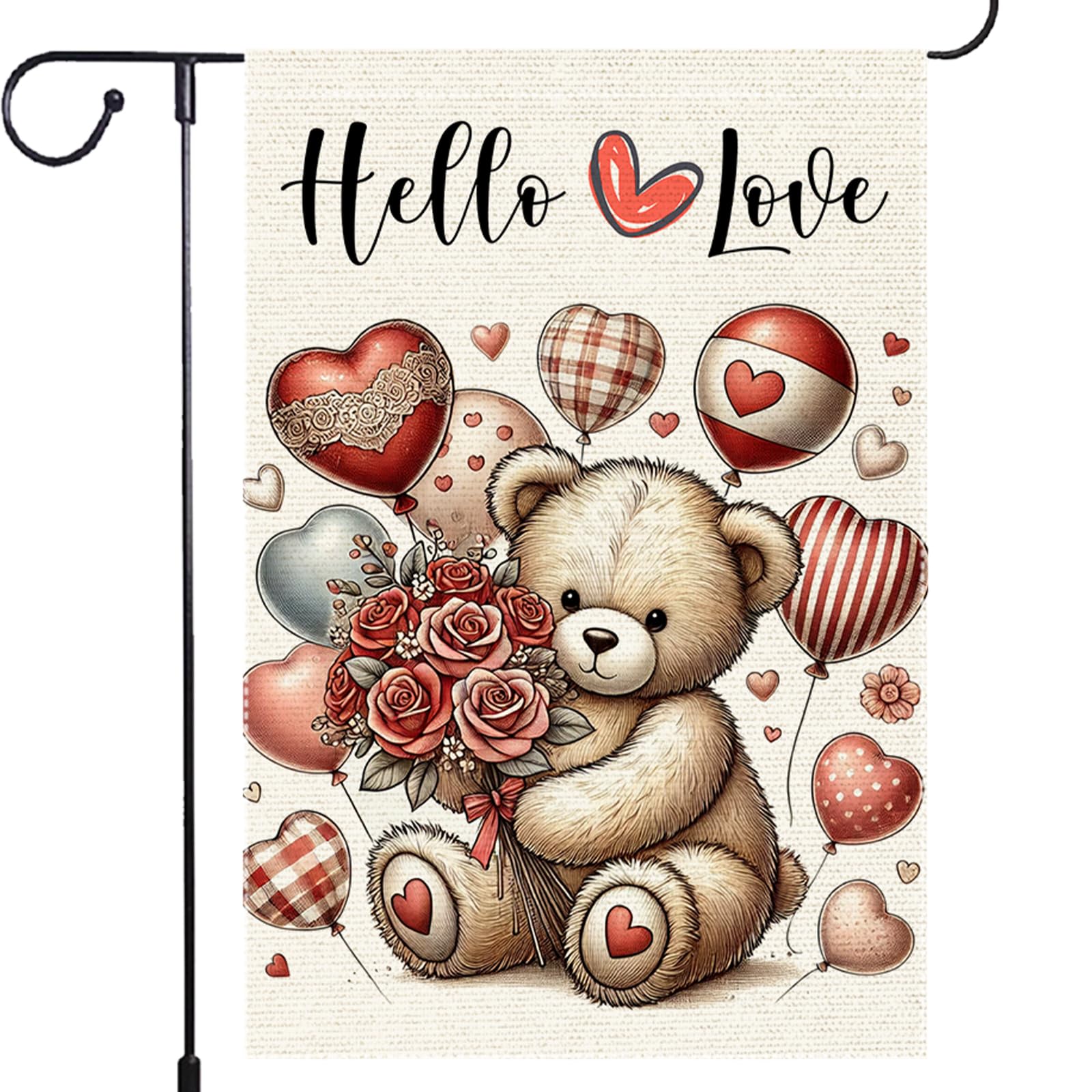 Hello Love Bear Doll Decorative Garden Flags, Valentine's Day Red Heart Balloons Plaid Stripes Rose Yard Outside Decorations, Anniversary Wedding Outdoor Home Decor SmallDouble Sided 12 x 18inch