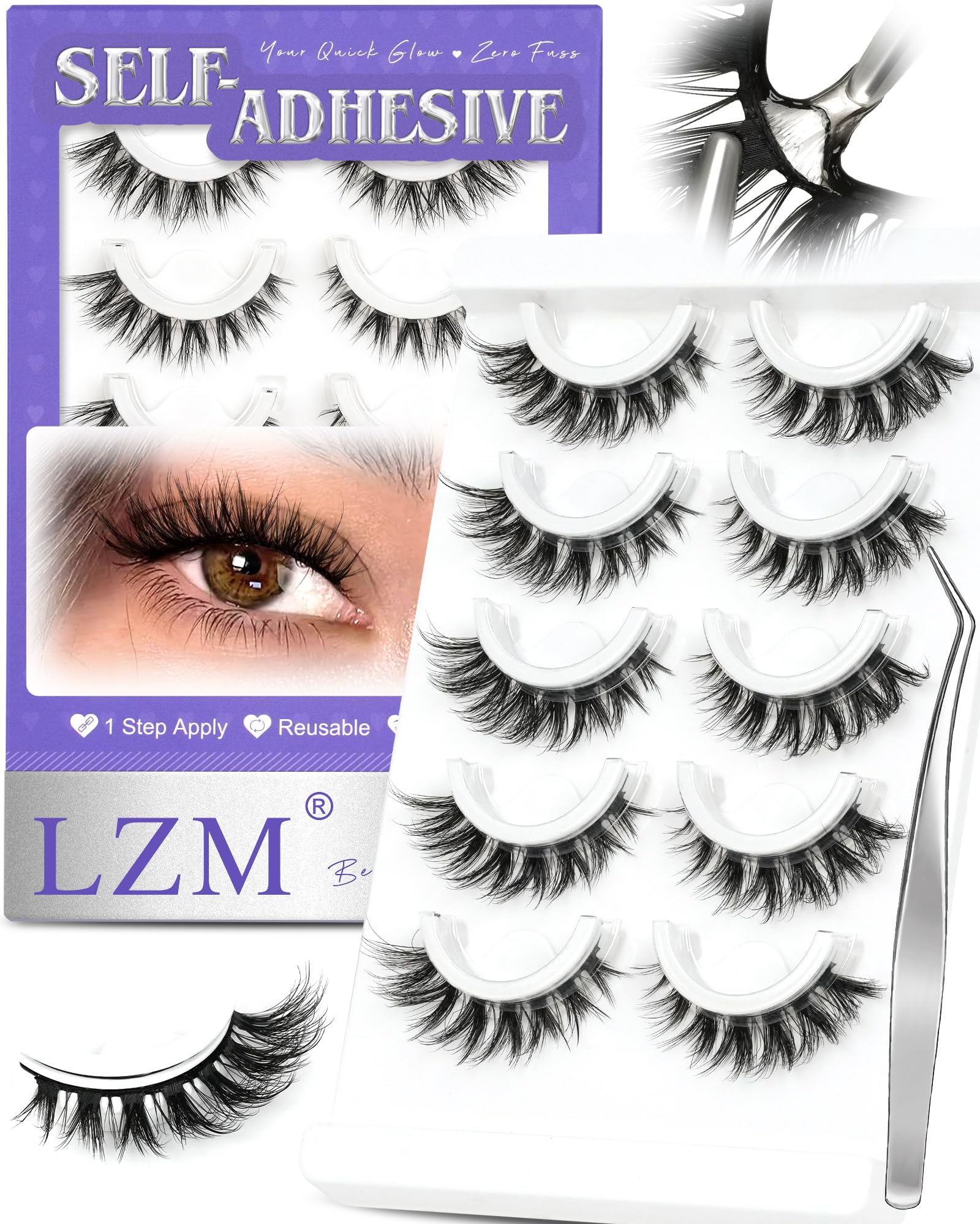 Self Adhesive Eyelashes Glueless Lashes - Natural 6-12mm No Glue Eyelashes Strip Waterproof All-Day Hold Cat eye Press