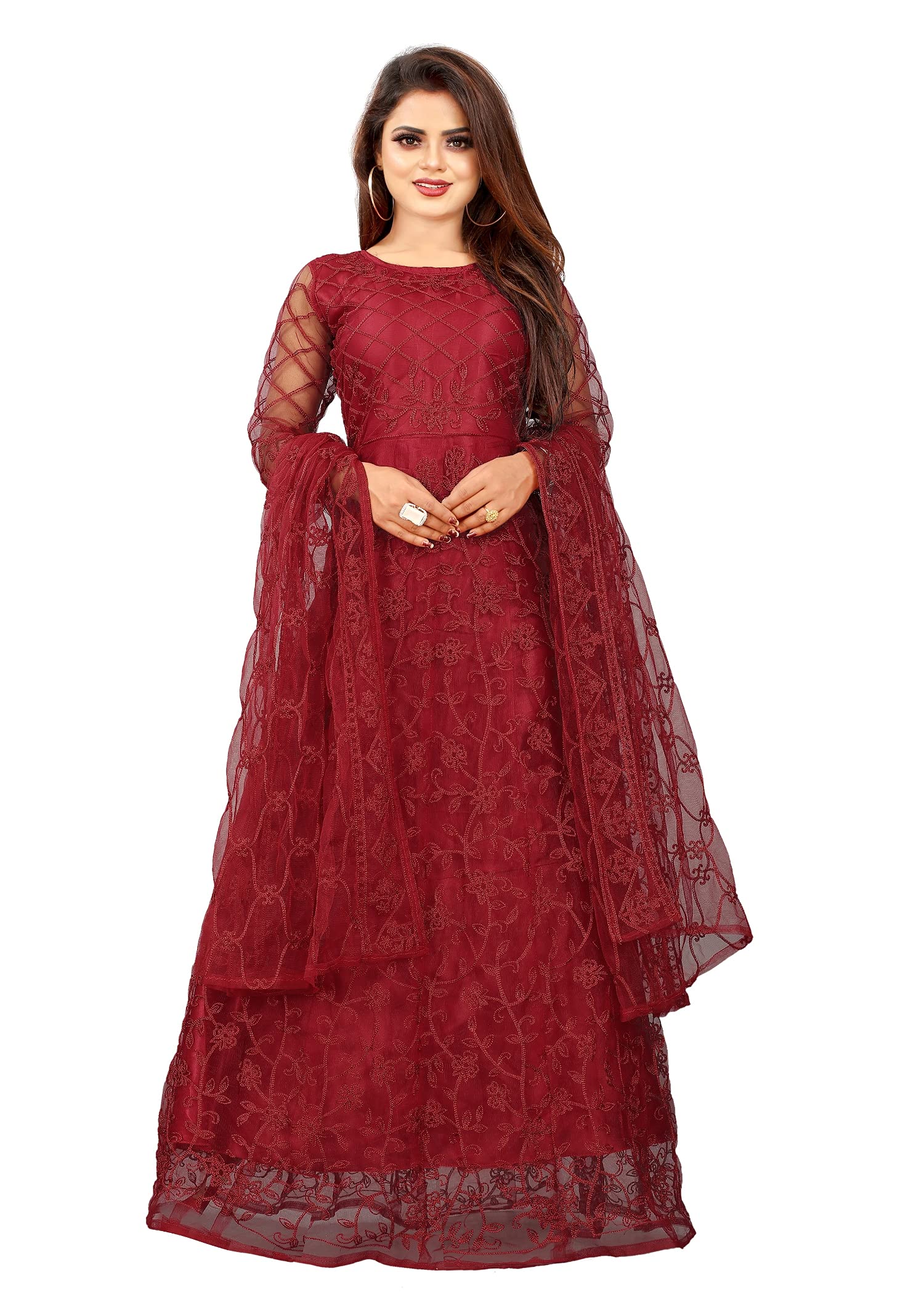 julee Women's Net Embroidered Semi-Stitched Floor Length Gown (Maroon_Free Size)-Falak-picture-22