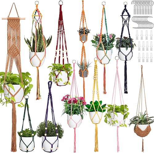 Miniatura 7 de 12 piezas de macramé para plantas, macetas colgantes de macramé para plantas de interior, hechas a mano, soporte bohemio para plantas colgantes para