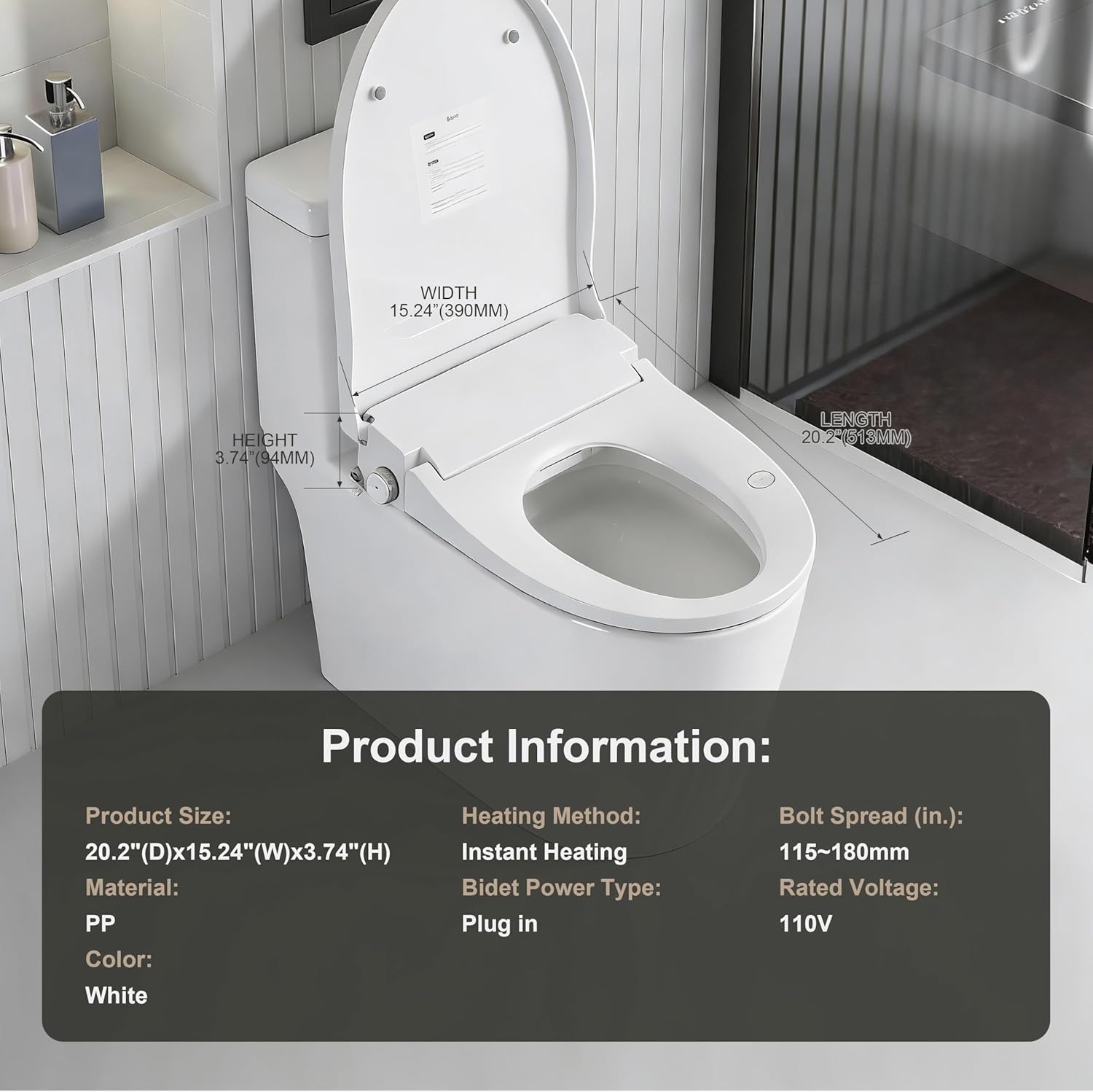 Smart Bidet Toilet Seat with Side Knob Control Heated Seat Adjustable Water Temperature & Pressure Automatic Nozzle Cleaning and Night Light