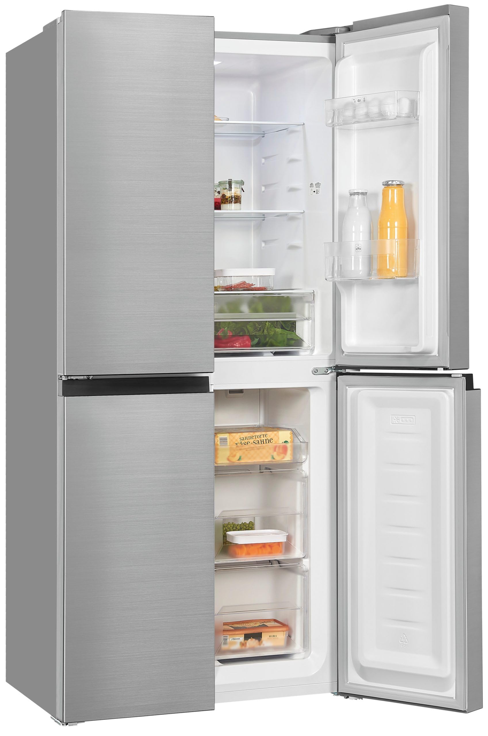 Exquisit® Frigorífico Americano, 4 Puertas, 362L, Clase D, Material Acero Inox, Tecnologia No-Frost, Display Digital en Puerta, Cajon Verdulero Siempre Fresco, Consumo 210 kWh/año, Medidas 180x79x62Cm