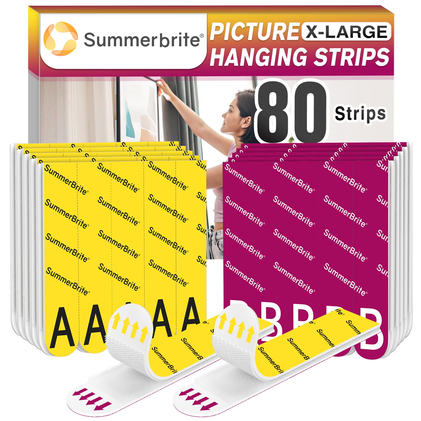 Summerbrite Tiras para colgar cuadros resistentes, ganchos de gancho y bucle, extraíbles sin daños, cinta adhesiva para pared, color blanco, grande (paquete de 36)