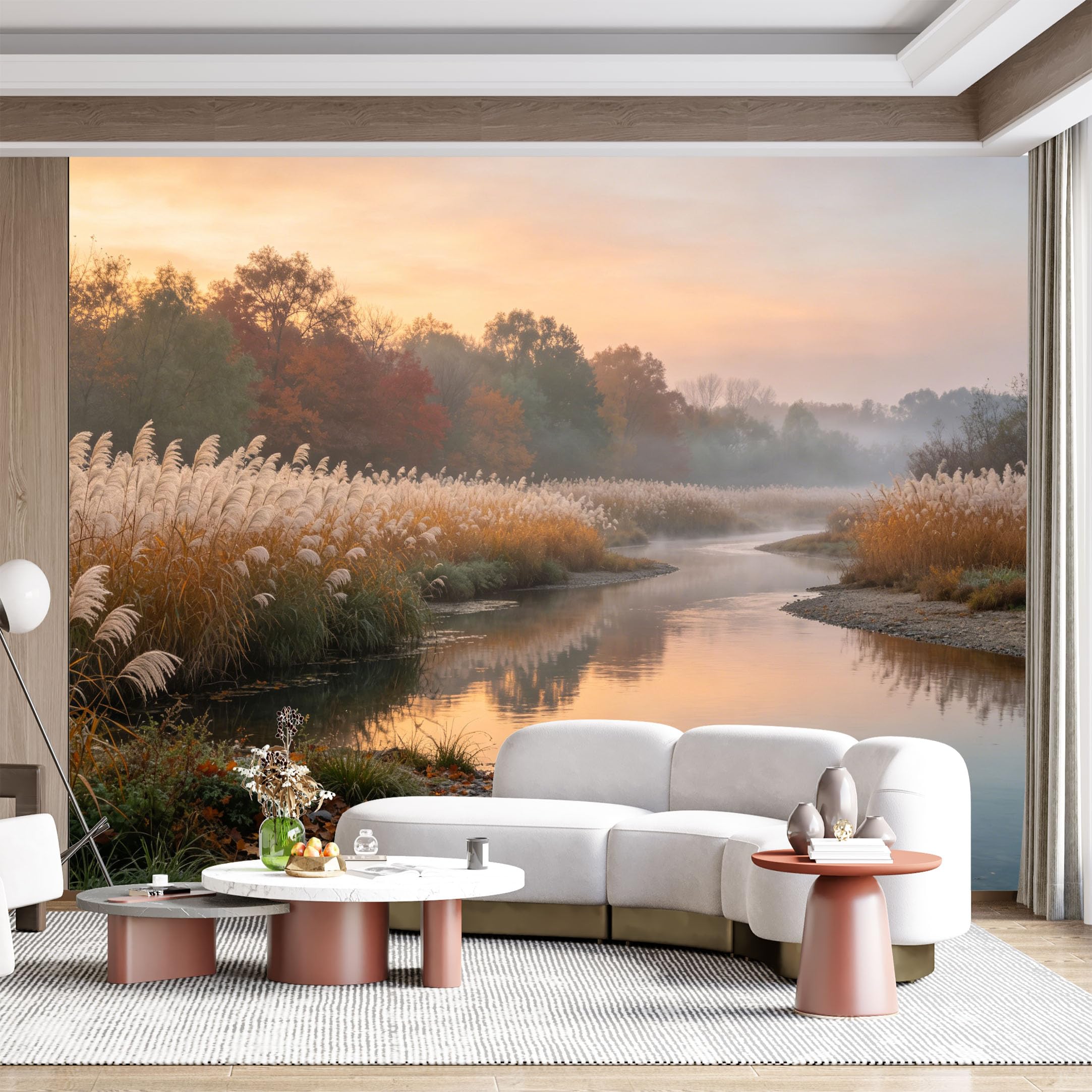Custom Size Wall Mural Serene River Autumn Mist Coastal Landscape SelfAdhesive Wall Fabric Removable for Home Office Decor