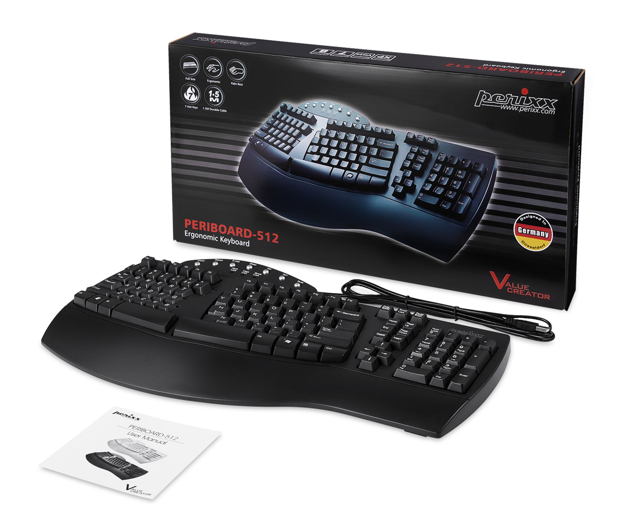 Perixx PERIBOARD-512 Tastiera ergonomica - Tastiera condivisa - USB - Consigliato per braccia da tennis -QWERTZ Disposizione tedesca - Nero
