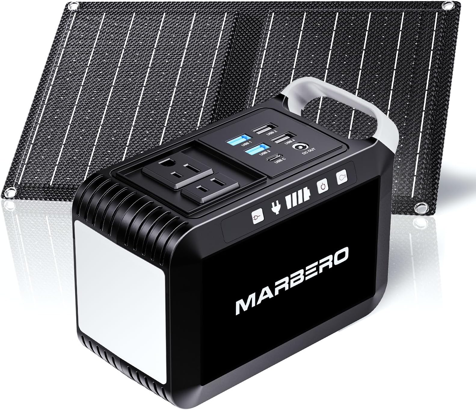 MARBERO Camping Solar Generator 120W Peak Portable Power Station 88Wh Generator with Solar Panel Included 21W, AC, DC, USB QC3.0, LED Flashlight for Outdoor Home Camping Fishing Emergency Backup