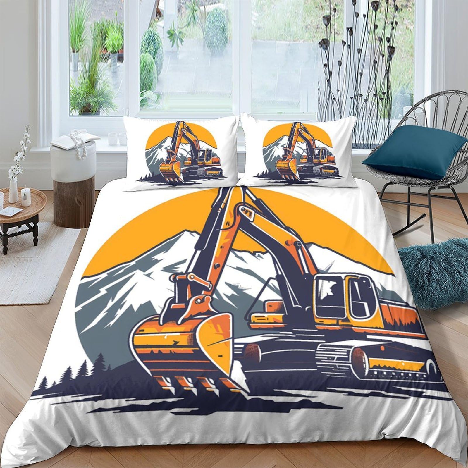 GPLZQXKJNH 3D Printed Excavator Mountain Duvet Cover Microfiber Orange Grey Quilt Cover Set with 2 Pillowcases for Bedroom Home Single（135x200cm）