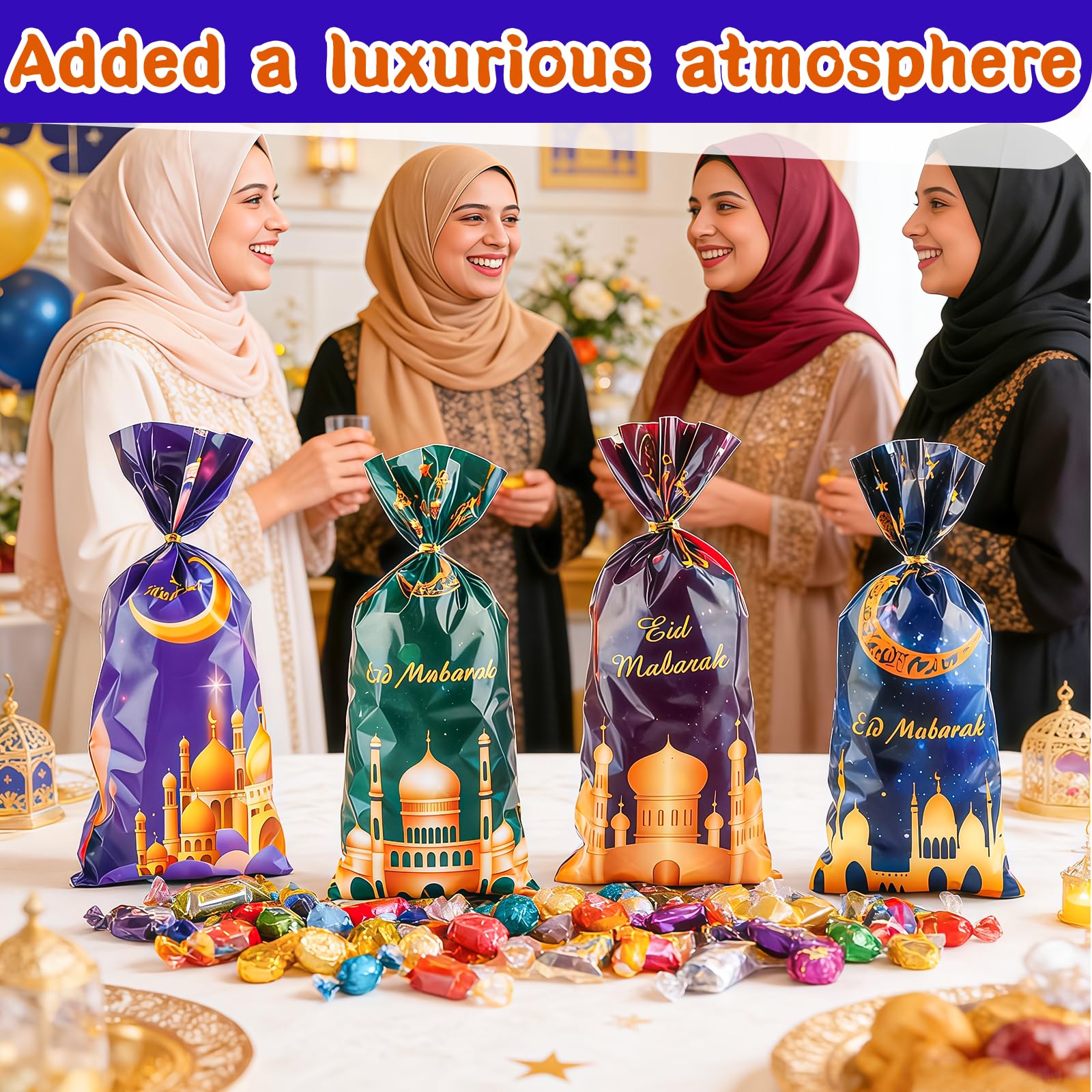 LERCTH 50 PCS Ramadan Eid Mubarak Gift Bags with Gold Twist Ties - 4.9x10.7 Inch Metallic Foil Treat Bags, Moon Star Design Party Favor Bags for Islamic Holiday Celebrations