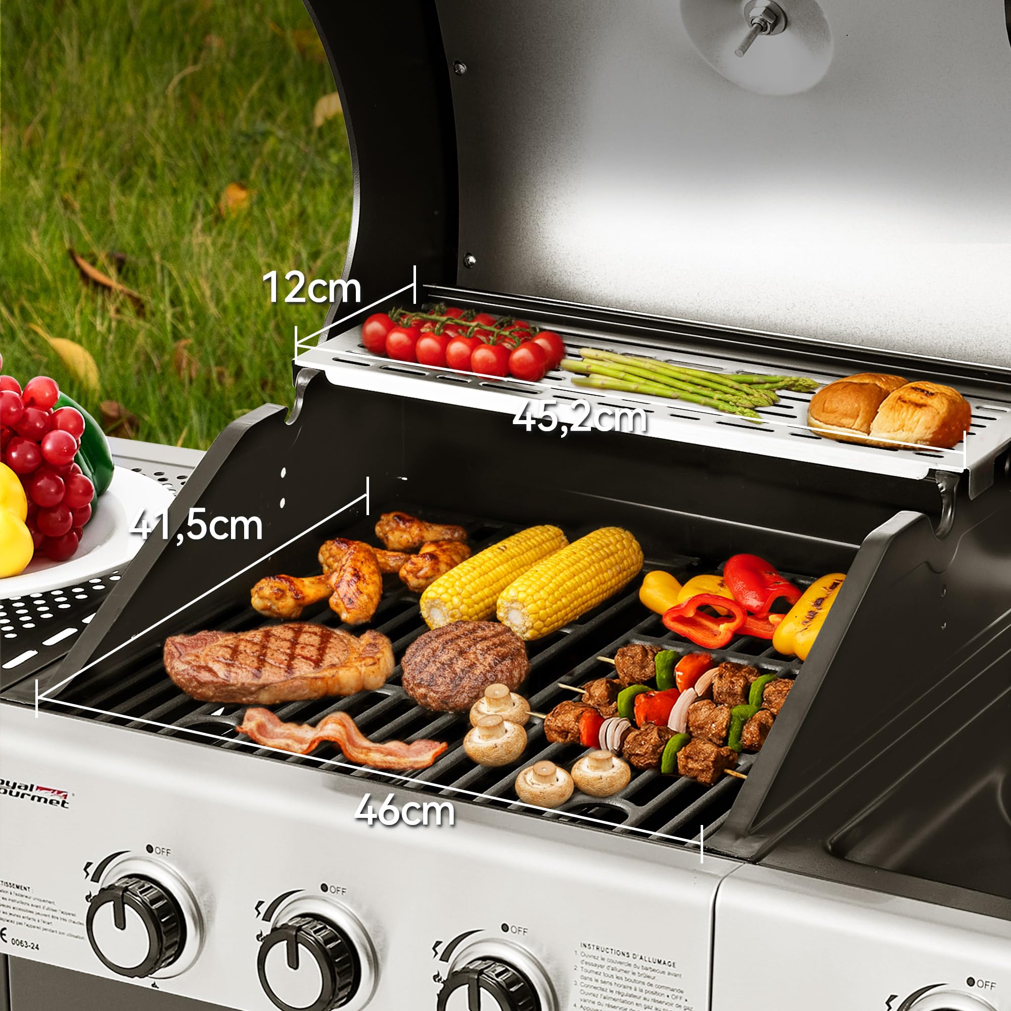 Royal Gourmet Barbecue Gaz à 3 Brûleurs avec Brûleur Latéral, Gril à Gaz sur Chariot de Puissance 11,5 KW avec 2 Grille en Fonte et 2 Tables d’Appoint, Adapté pour Jardin et Extérieure, Argent