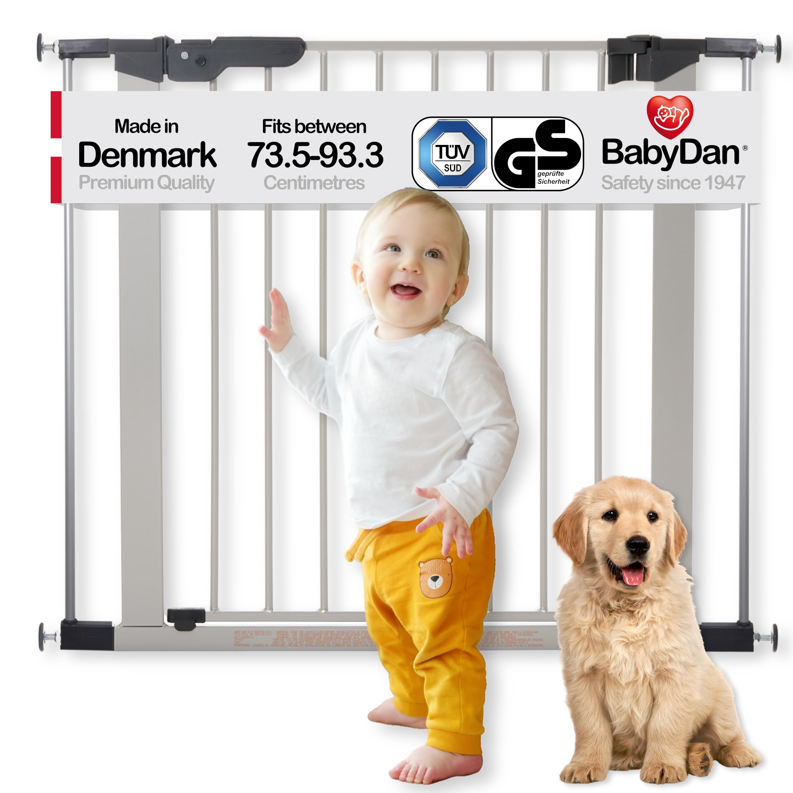 BabyDan Premier, Ohne bohren Treppenschutzgitter, 73,5-93,3 cm, Babygitter,Sicherheitsgitter, Metall, Silber, Hergestellt in Dänemark - (Haustiergitter,Hundegitter)