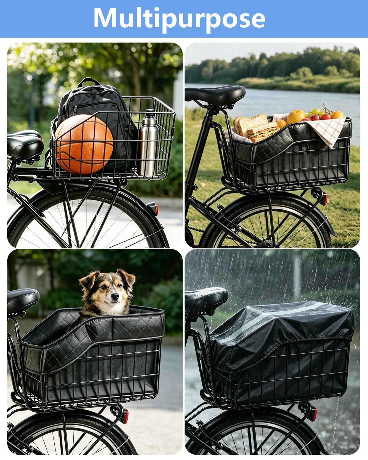 Cestino per Bicicletta Posteriore Portapacchi, Cestino Bici | in Metallo, 40 x 31 x 26 cm, Accessori Bici con Fodera in Similpelle PU Removibile, Rete e Copertura, Nero
