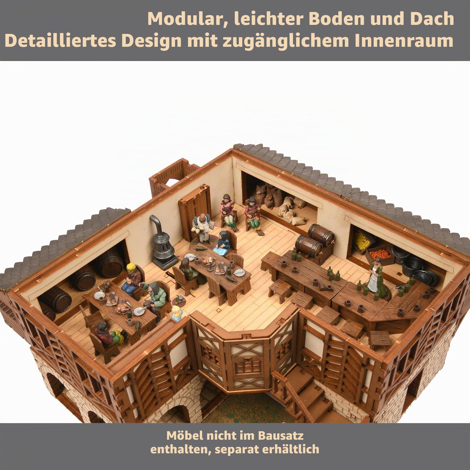 Die Taverne - Mittelalterliches Gasthaus - DIY Holzbaukasten - 715 Teile - Hebbare Böden, Funktionstüren - 12 Stunden Bauzeit, Ab 14 Jahren, Perfekt für Tabletop-Spiele