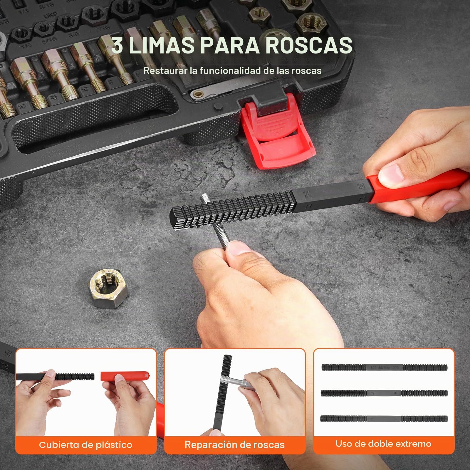 VEVOR Kit de Reparación de Roscas Métricas UNC y UNF 61 Piezas Restaurador de Roscas Métricas con 28 Machos de Roscar, 28 Terrajas, 3 Limas de Rosca Acero Tratado Térmicamente para Mecánicos