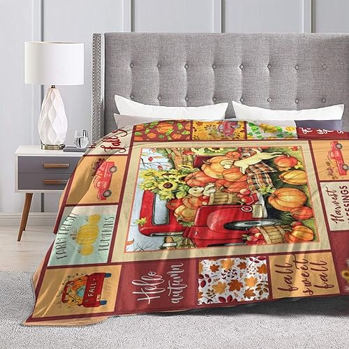 Miniatura 6 de Manta de granja de calabazas para decoración del hogar, manta de Acción de Gracias, suave manta de otoño de fibra de poliéster, acogedora manta de