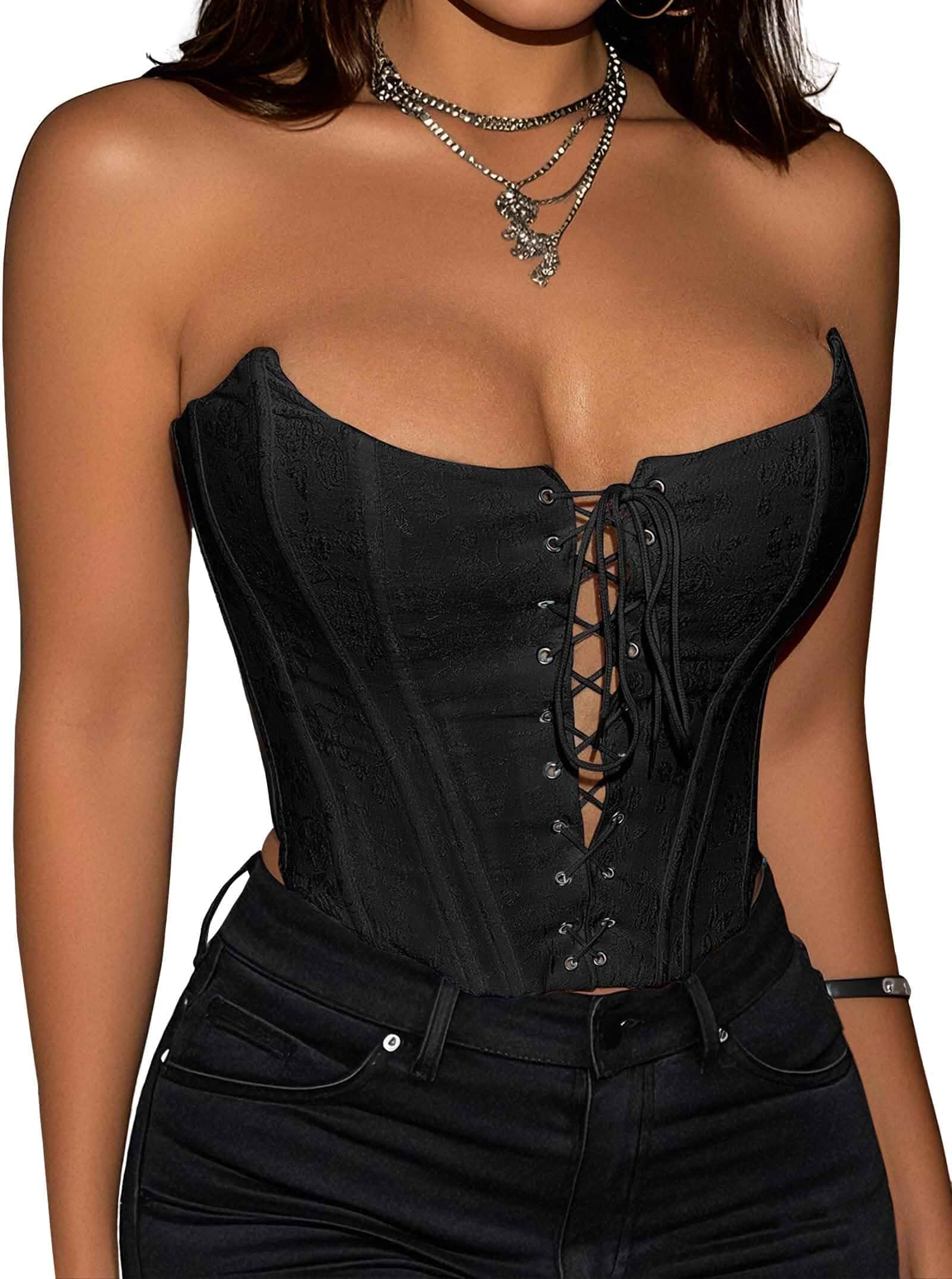 Corset Tops for Women Lace Backless Sexy Going Out Bustier Top Cropped Y2k Lace Floral Embroidery Texture,Backless Overbust,Boned Structure,Laced-up,Flattering Fitted,Sexy Club Outfits,Party Concerts