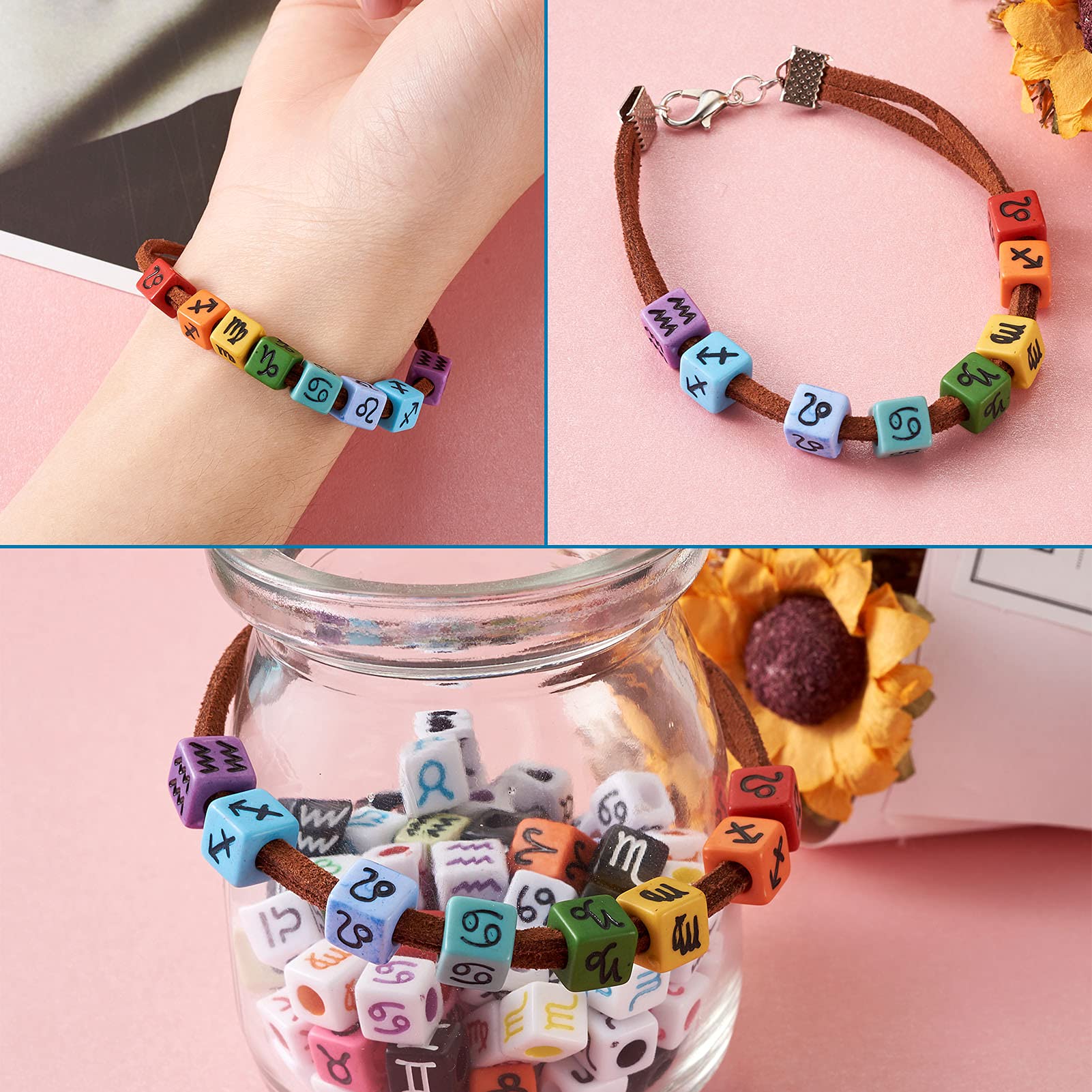 PH PandaHall 240 Perline Costellazioni 10mm In Lega Tibetana - 12 Segni Zodiacali Per Creazione Gioielli