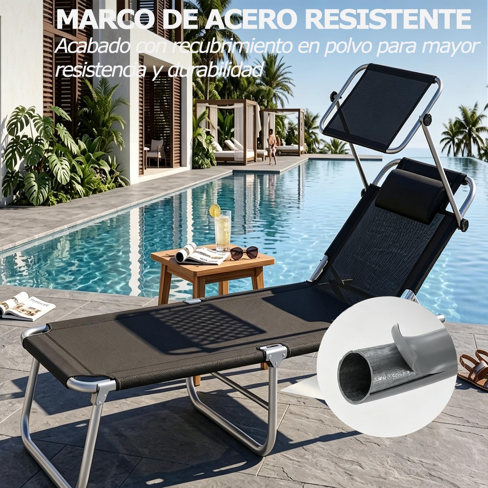 Tumbona Plegable, Tumbona Playa con Toldo Desmontable y Regulable Respaldo Reclinable, Hamacas Jardin Tumbonas para Jardín, Piscina, Terraza, Capacidad de Carga 150 kg