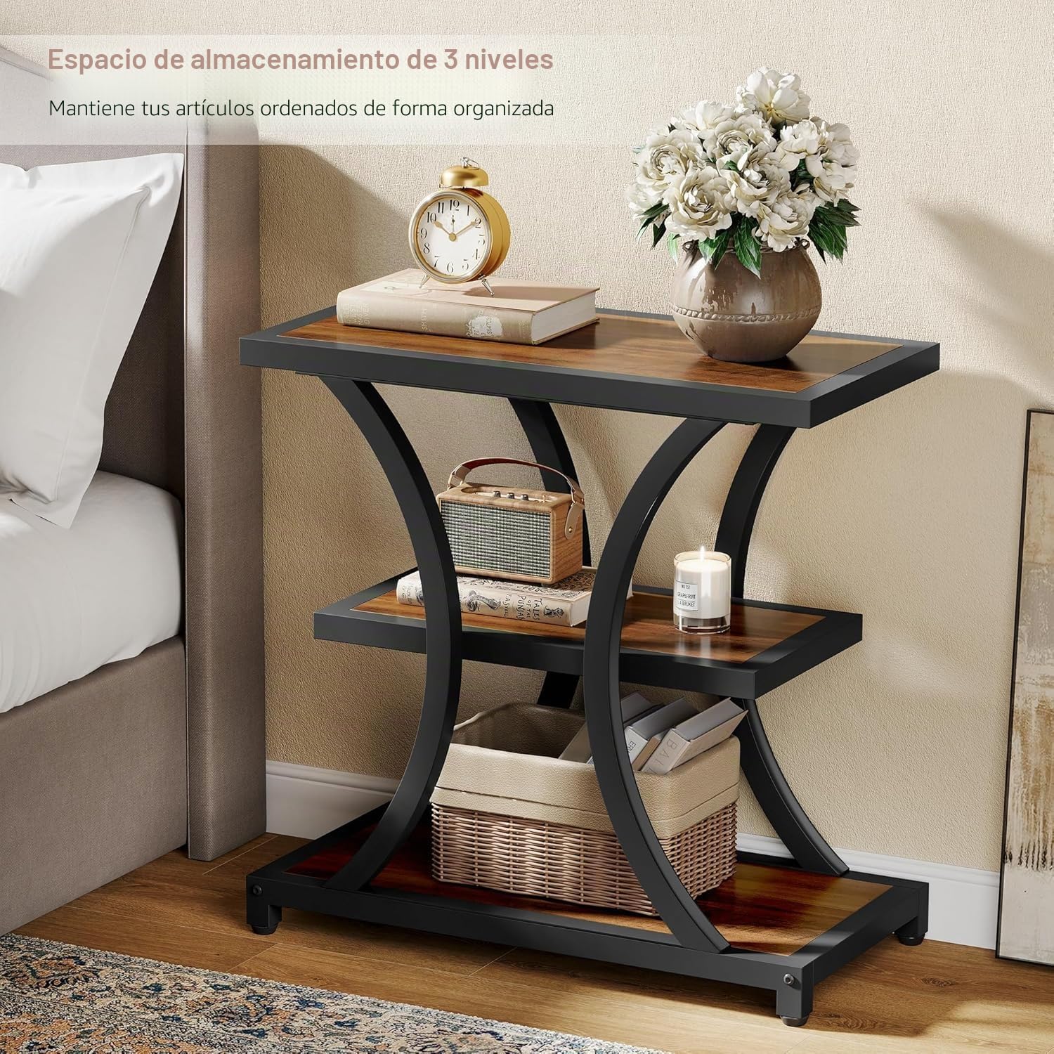 Tribesigns Mesa Auxiliar con Espacio de Almacenamiento, Mesa Auxiliar de 3 Niveles con diseño geométrico de Metal, mesita de Noche Industrial para Espacios pequeños, salón, Dormitorio, Estudio