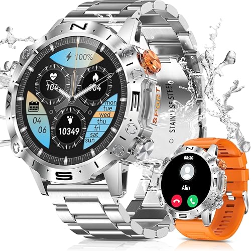 PODOEIL Relojes inteligentes militares de metal completo para hombres, 1.43 pulgadas AMOLED HD reloj de fitness con llamadas Bluetooth, más de 100