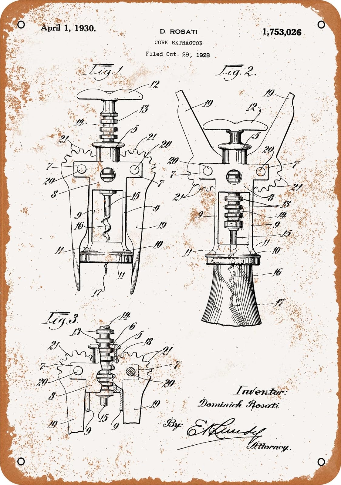 Miaomansenstore Metal Sign - 1928 Corkscrew Patent - Vintage Look Home Decor