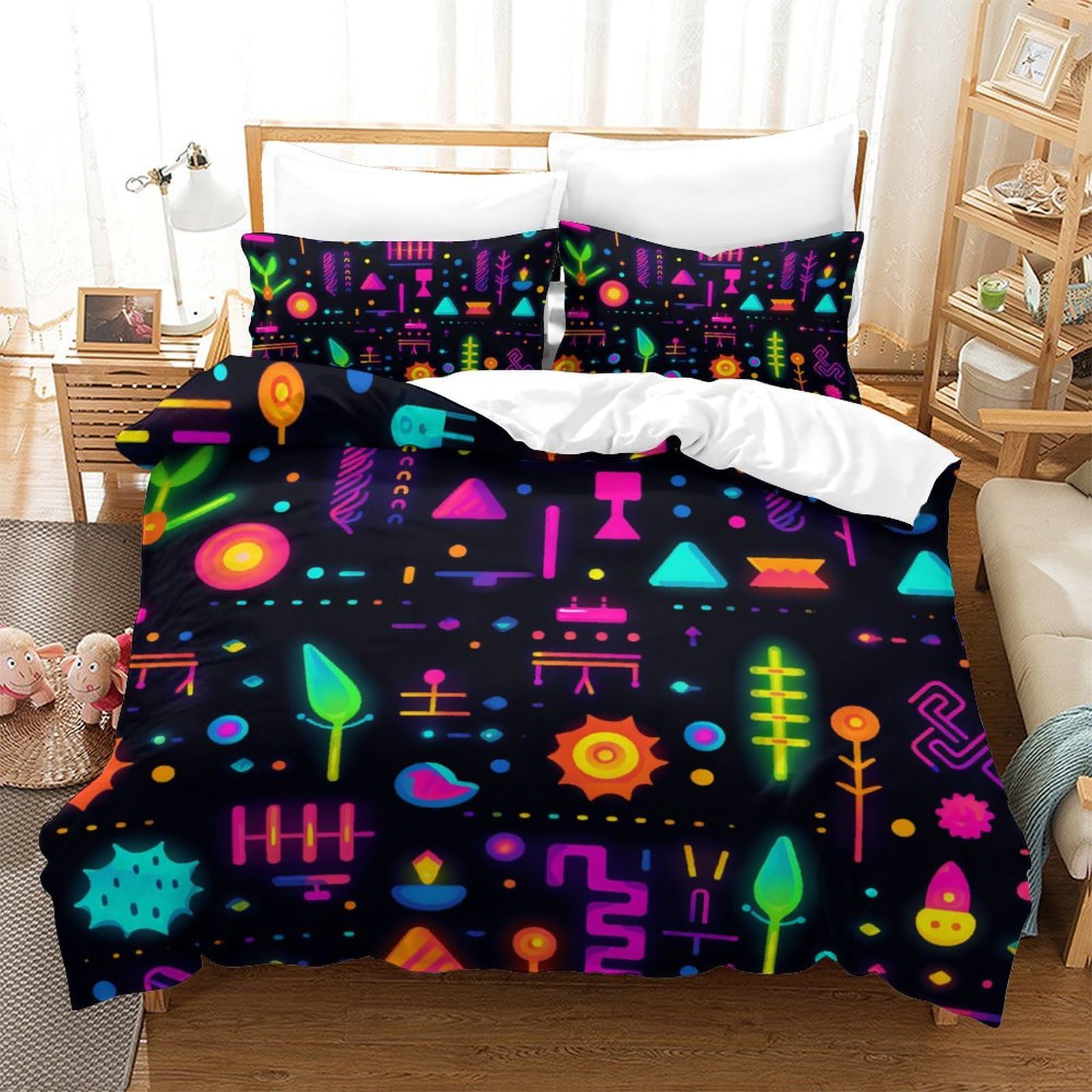 Housse de couette 3D néon 200x200 cm avec 2 taies d'oreiller en microfibre pour lit double