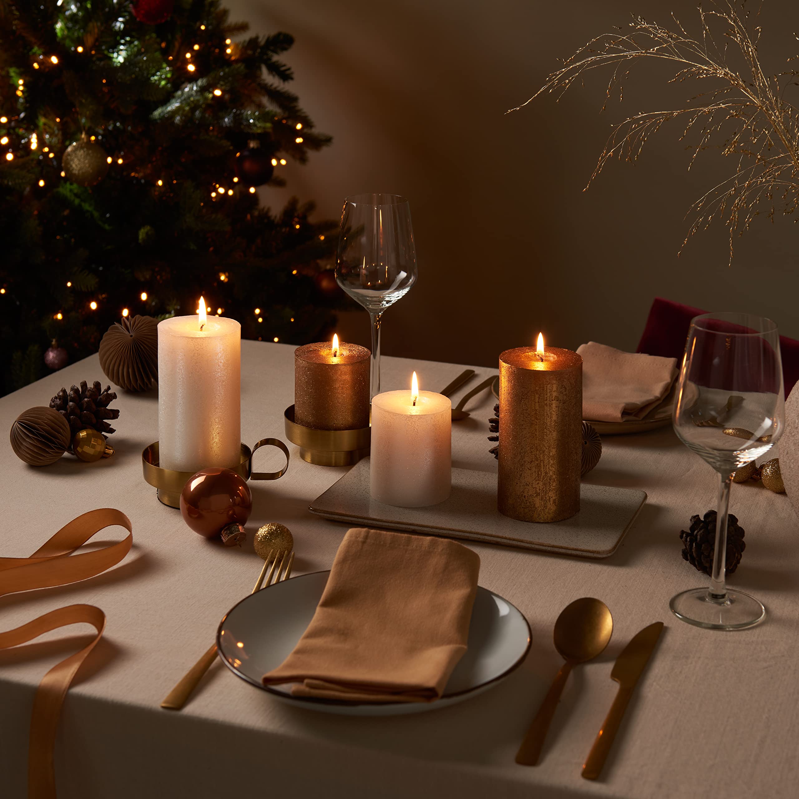 BOLSIUS - Candele rustiche pilastro Shimmer - Oro - 13cm - Confezione da 4 -Non gocciolamento - Candele non profumate