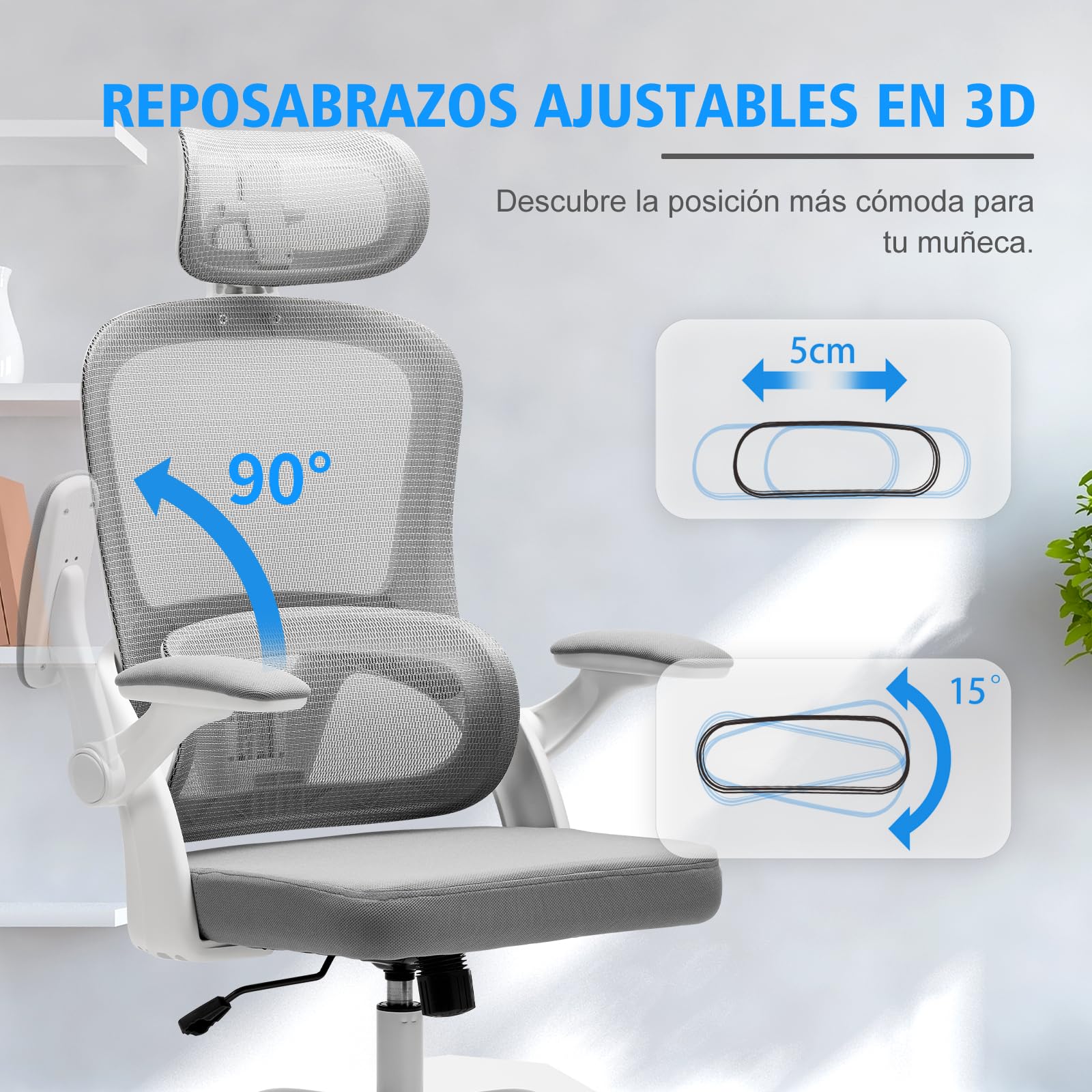 Magic Life Silla de Oficina ergonómica con cojín elástico, Respaldo de Malla Transpirable, reposabrazos Plegables, Soporte Lumbar, Altura Ajustable, Silla de Escritorio para Oficina y hogar
