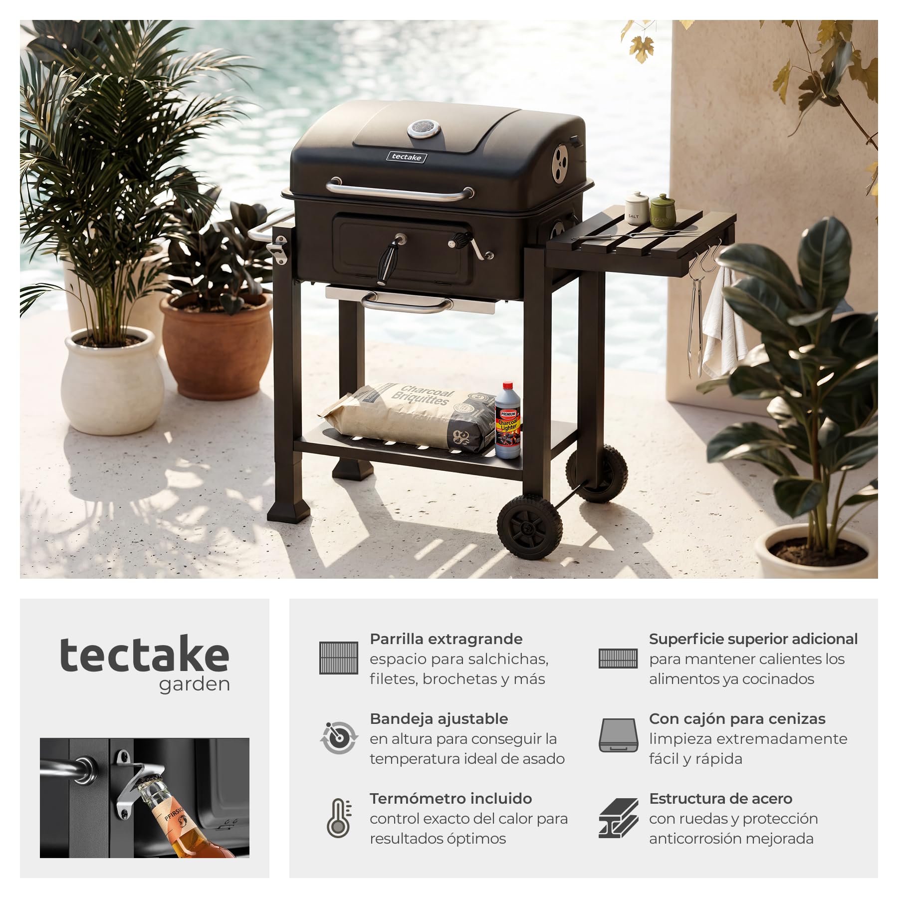 tectake® Barbacoa de Carbon con Tapa, Parrilla Barbacoa Carbon, BBQ Grill, Bandeja Regulable, Termómetro y Ruedas, con Ahumador de Alimentos, Asador de Carne - 64 x 110 x 104 cm