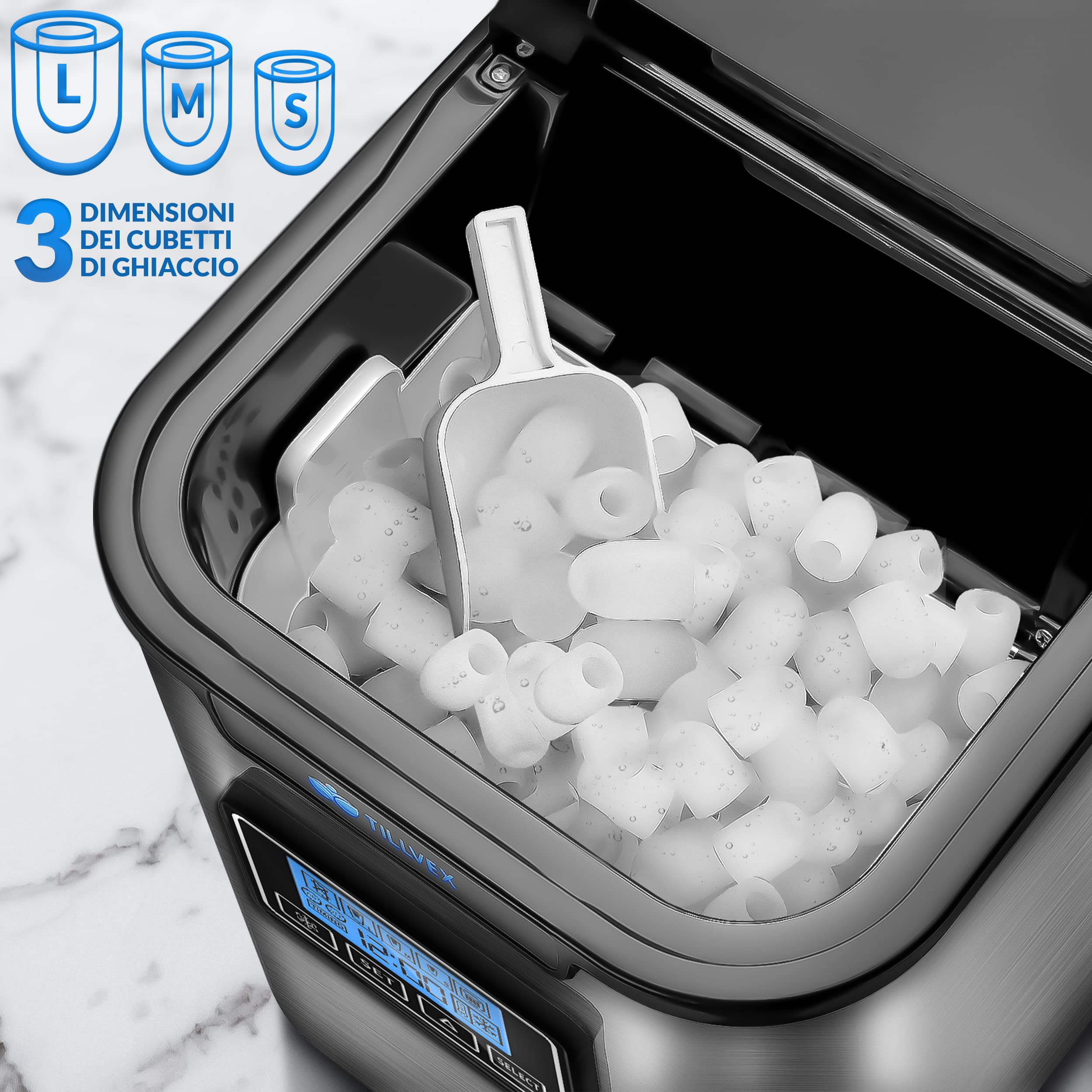 tillvex Macchina del Ghiaccio 12 kg - 24 h | Macchina Ghiaccio Casa in Acciaio Inossidabile | Macchina Professionale | 2,2 L Serbatoio d'Acqua | Display LED, Timer | 3 Misure Cubetti di Ghiaccio