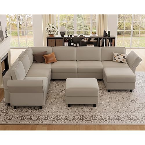 Belffin 114.2" Velvet Modular Sectional Sofa,7 Seat U Shaped Sofa Set with Storage Deep Seat,Upholstery Comfy Sectional Couch with Movable Ottoman Chaise for Living Room,Grey Couch