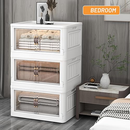 Miniatura 7 de Contenedores de almacenamiento plegables con tapas y puertas, paquete de 3 cajas de almacenamiento apilables de 23 galones con ruedas, grandes