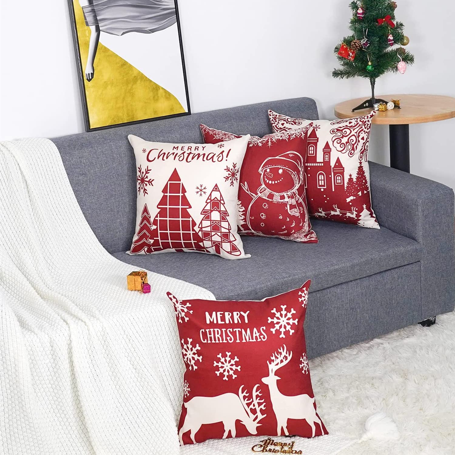 GYISANA Set di 4 federe per cuscini 45x45 rosso pupazzo di neve Natale lino cuscini decorativi moderni per divano
