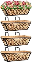 Riare 4-Pack 16 Inch Metal Railing Planters with Coco Liners - Rustproof Window Boxes for Deck Balcony Porch Patio Flowers