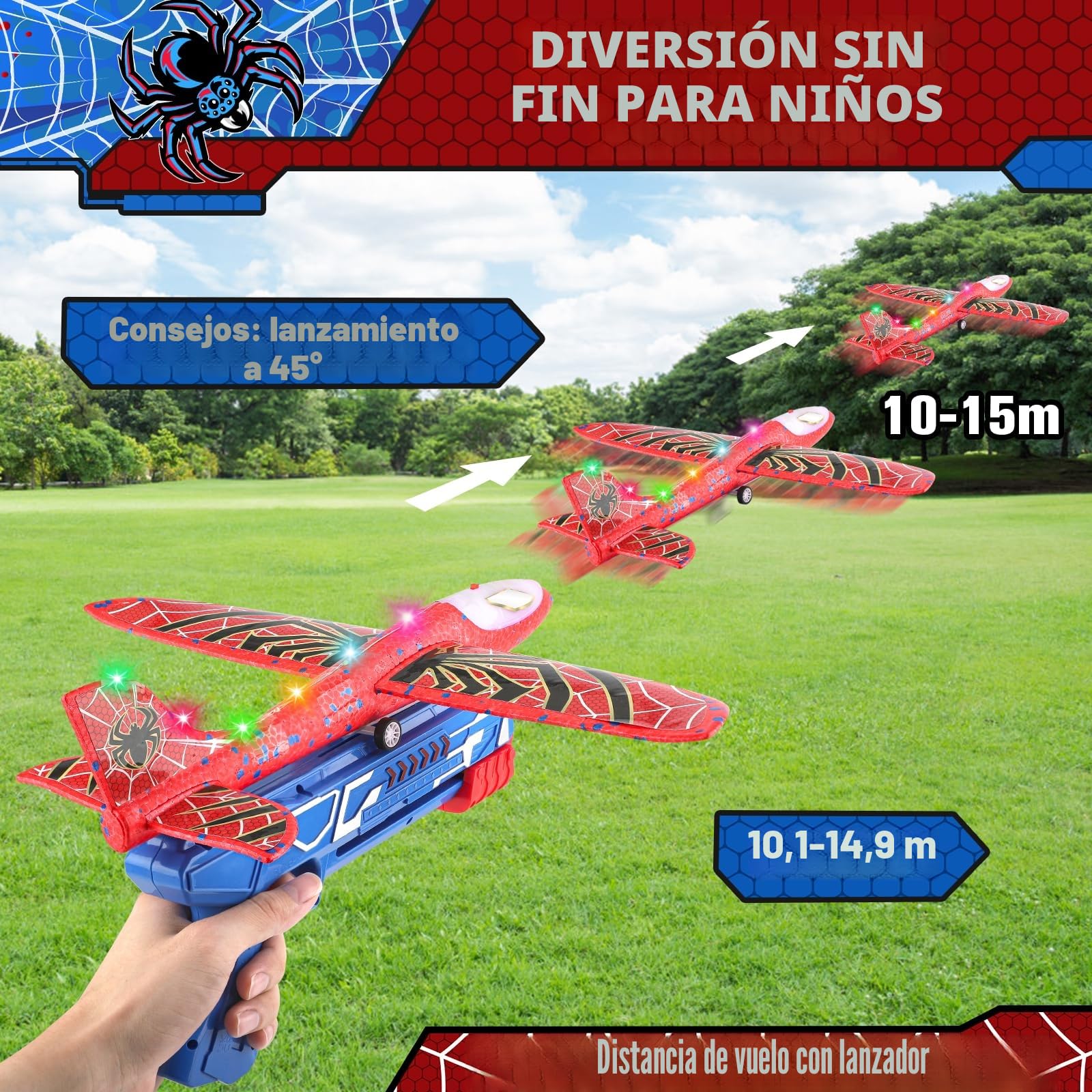 Avion Juguete con Spider Pegatinas, Aviones Poliespan con Pistola Avión Planeadores Espuma Corcho Regalo Navidad Cumpleaños Niños Niñas 3 4 5 6 7 8 9 10 Años Brinquedos Criança Juego Aire Libre
