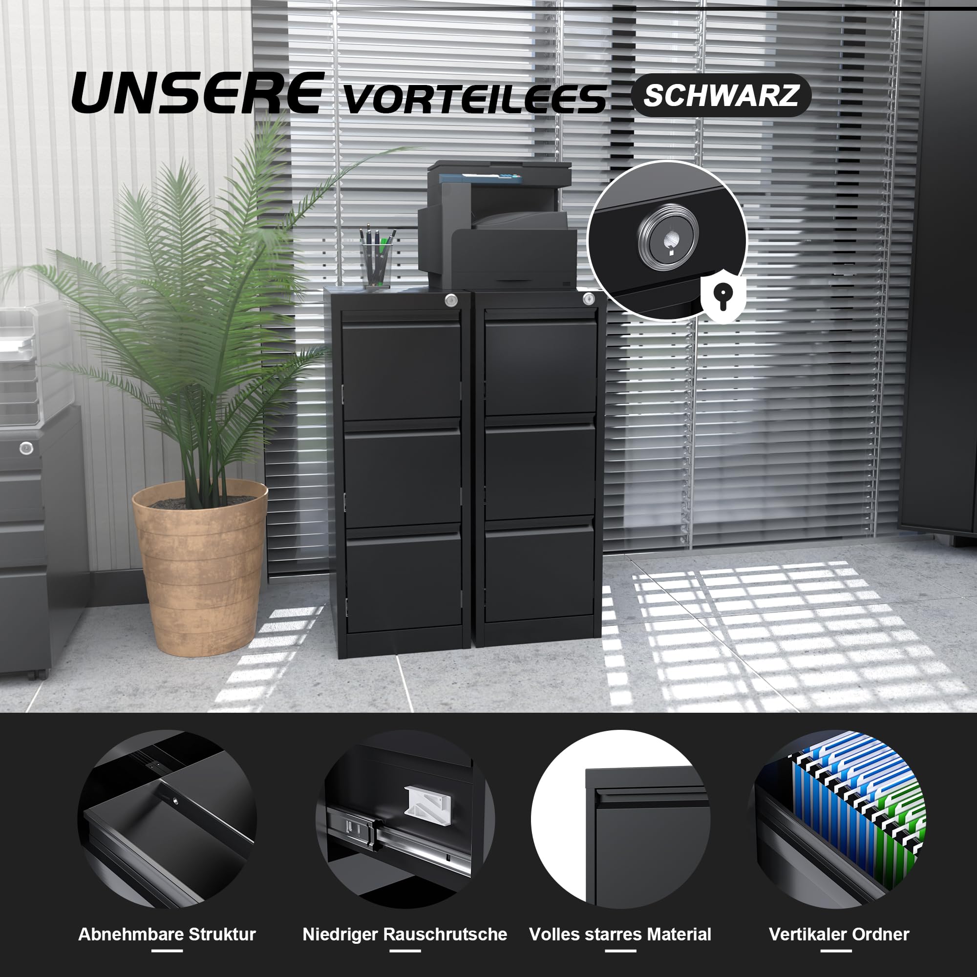 SUPEER Armario Archivador Metálico, 3 Cajonera Oficina, Bloqueable, Incluye 2 Llaves, Dispositivo de Inserción, Muebles Oficina - 103x38x45cm(Negro)
