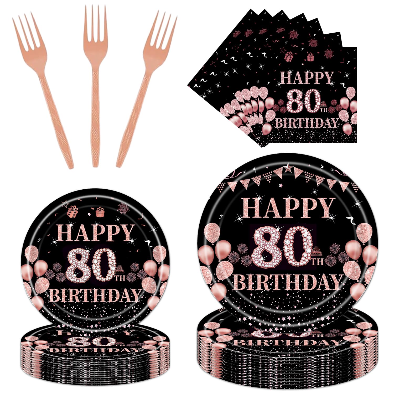 Rakuto 80th Birthday Party Plates - 96PCS 80th Birthday Party Decorations Supplies Rose Gold 80th Party Tableware Plates Napkins Forks Cheers to 80th