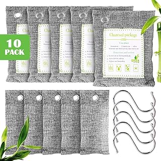 Furuix Opakowanie z 10 workami do oczyszczania powietrza z węgla bambusowego, pochłaniającymi zapachy worki z węglem aktywnym, środki usuwające zapachy dla zwierząt domowych (akceptowane przez zwierzęta domowe), (5 x 200 g, 5 x 75 g, 5 x haczyków
