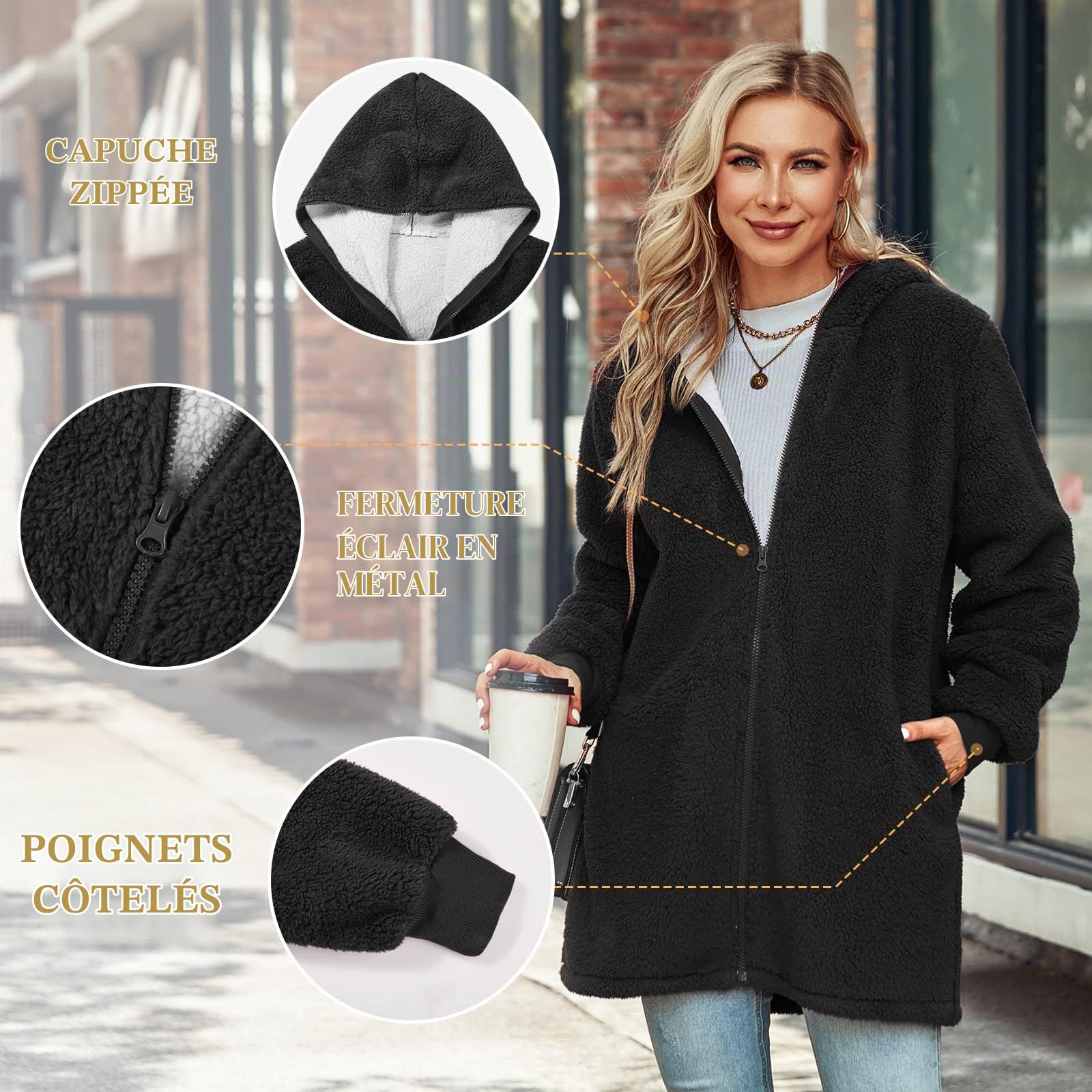Xnova Veste Polaire Femme Sweat à Capuche Zippé Épais Hiver | Hoodie Manche Longue Manteau Chic Sweats Sherpa avec Poches Unie Lâche Pull Sweatshirts Manteaux Longueur Moyenne